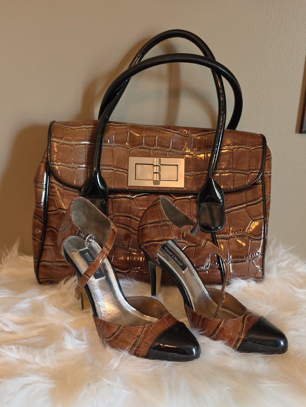 White House Black Market Brown Croc-Embossed Heels w/ Black Patent Toe, & Bag